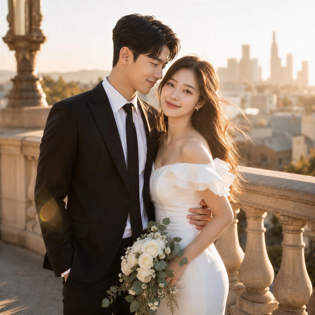 도심 골든아워 발코니 AI 웨딩스냅 예시